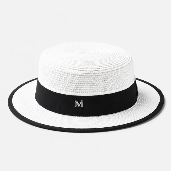 Chapeau Canotier Femme - Blanc Plat avec Ruban Noir