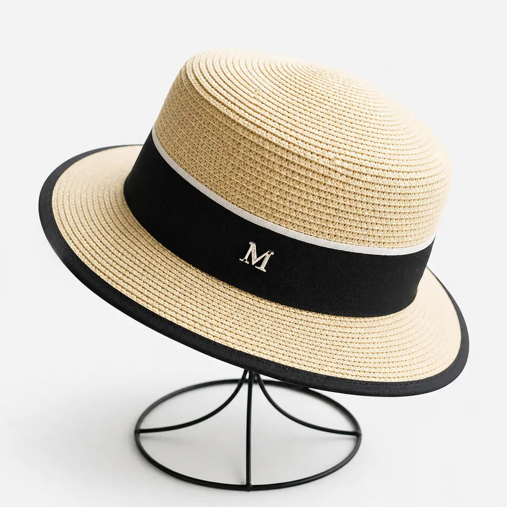 La boîte à chapeaux Chapeau Canotier Femme - Blanc Plat avec Ruban Noir