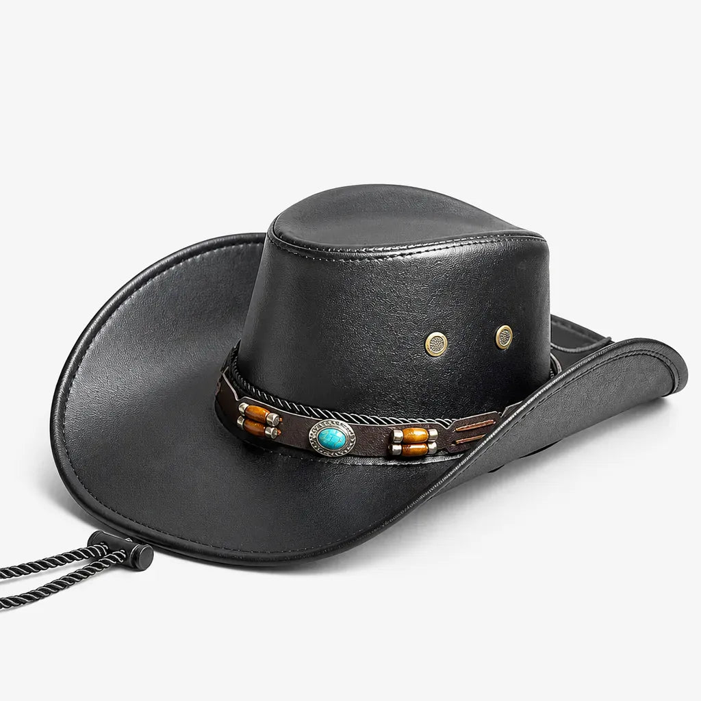 La boîte à chapeaux Chapeau Cowboy Marron - Simili Cuir avec Pierre Turquoise