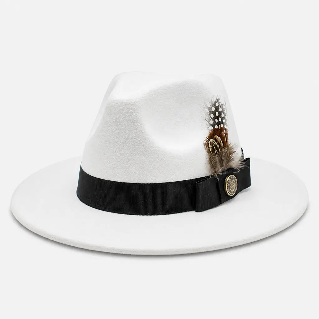 La boîte à chapeaux Chapeau Fedora Blanc - Style Jazz Britannique avec Plume