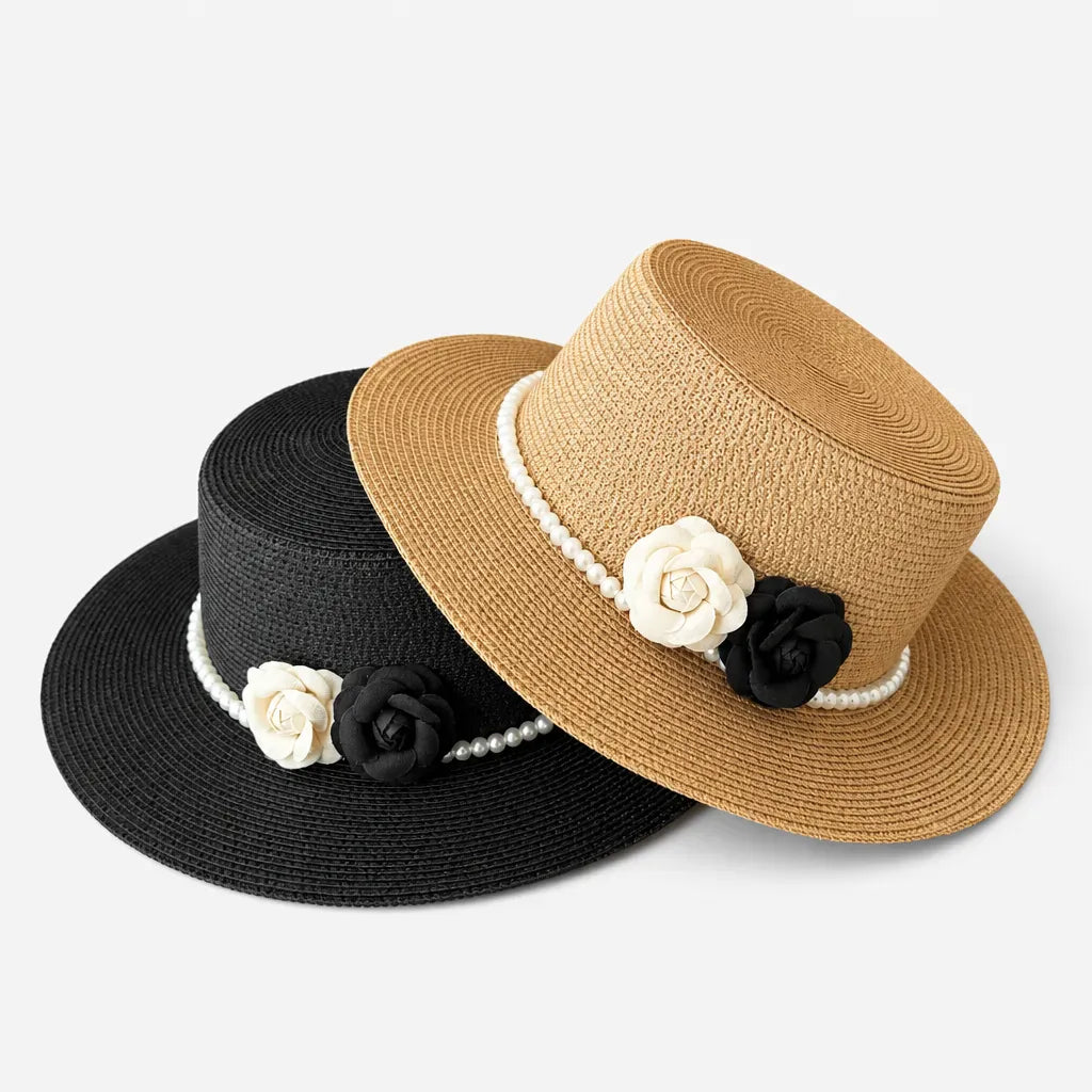 La boîte à chapeaux Chapeau Femme de Plage - Camelia et Perles Style Retro