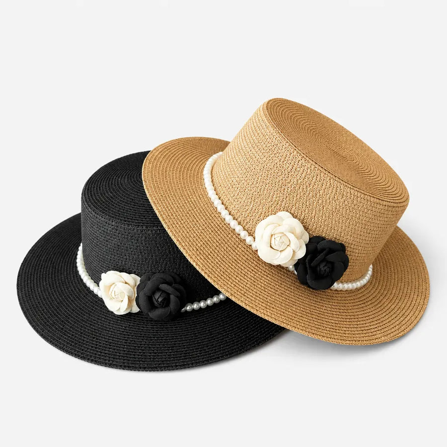 La boîte à chapeaux Chapeau Femme de Plage - Camelia et Perles Style Retro