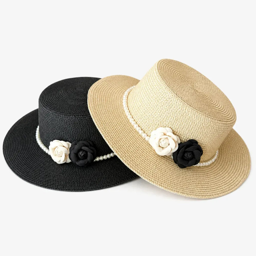 La boîte à chapeaux Chapeau Femme de Plage - Camelia et Perles Style Retro