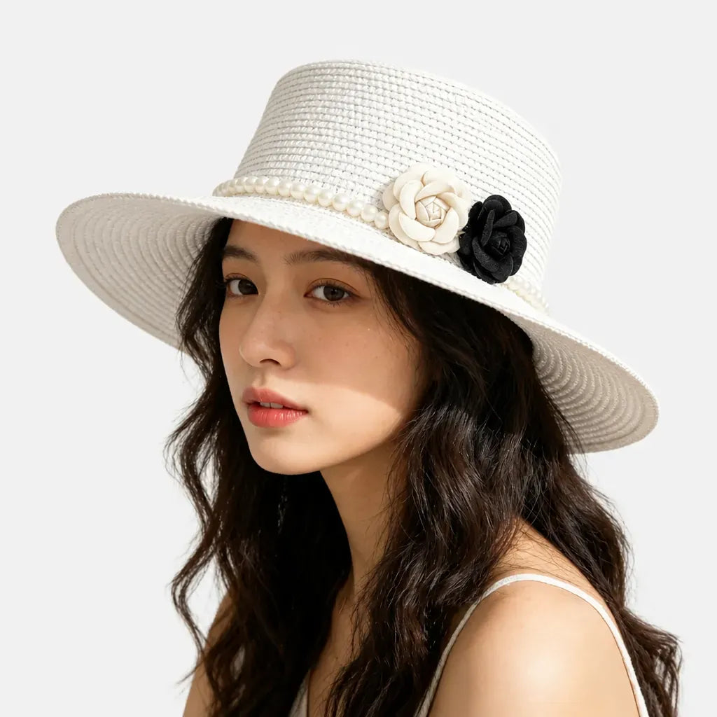 La boîte à chapeaux Chapeau Femme de Plage - Camelia et Perles Style Retro