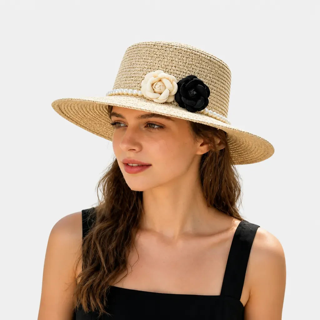 La boîte à chapeaux Chapeau Femme de Plage - Camelia et Perles Style Retro
