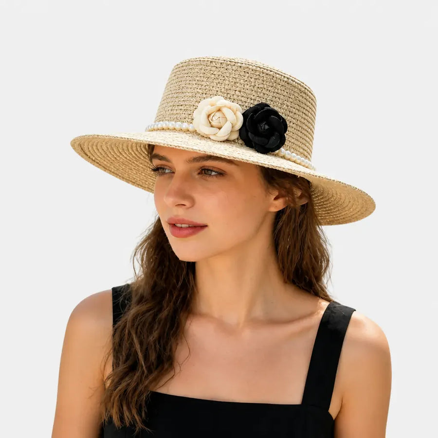 La boîte à chapeaux Chapeau Femme de Plage - Camelia et Perles Style Retro
