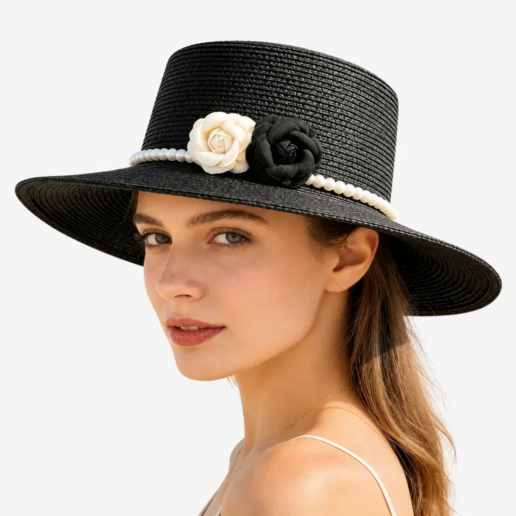 La boîte à chapeaux Chapeau Femme de Plage - Camelia et Perles Style Retro