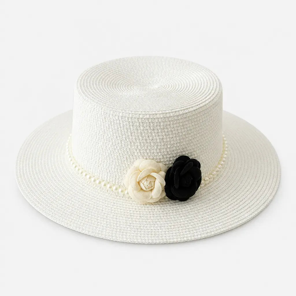La boîte à chapeaux Chapeau Femme de Plage - Camelia et Perles Style Retro