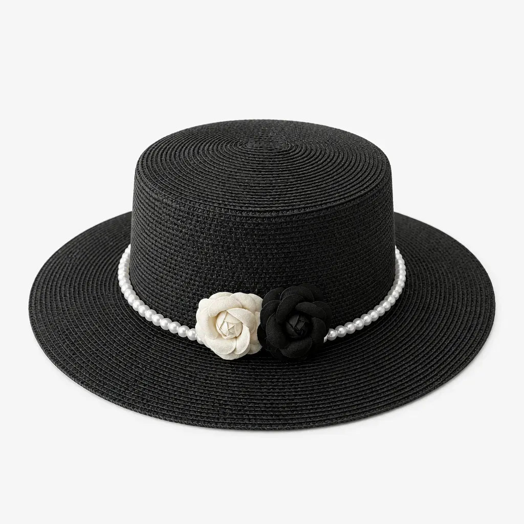 La boîte à chapeaux Chapeau Femme de Plage - Camelia et Perles Style Retro
