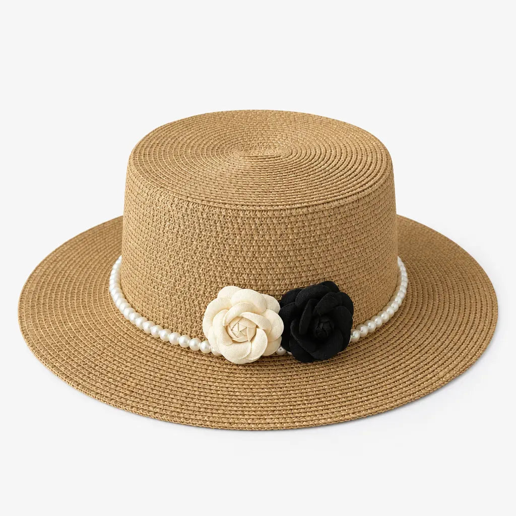 La boîte à chapeaux Chapeau Femme de Plage - Camelia et Perles Style Retro
