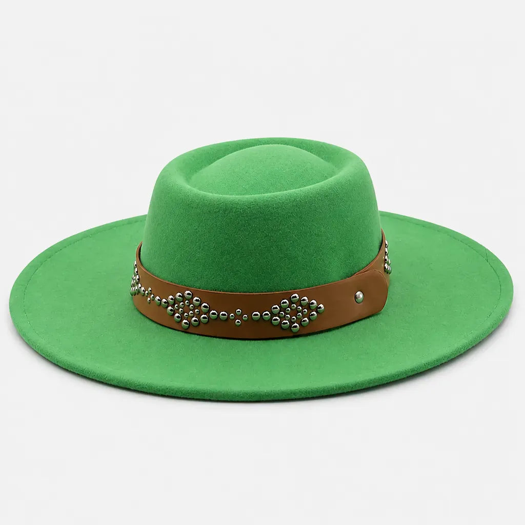 La boîte à chapeaux Chapeau Feutre Large Bord Femme - Ceinture Cloutee Style Gambler