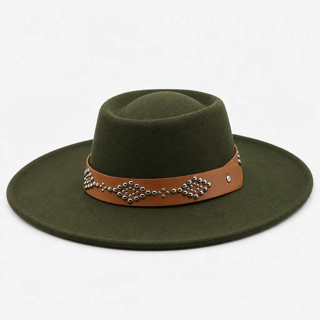 La boîte à chapeaux Chapeau Feutre Large Bord Femme - Ceinture Cloutee Style Gambler