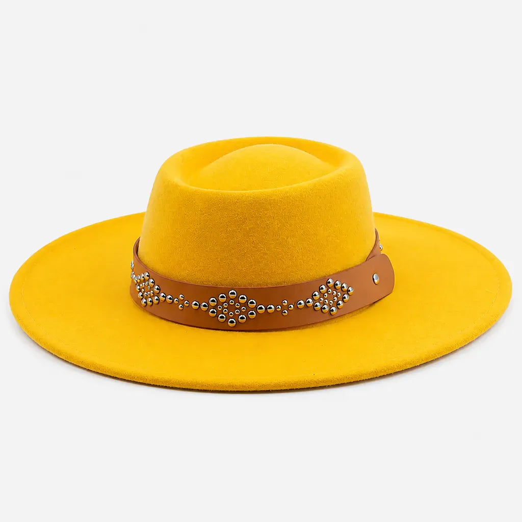 La boîte à chapeaux Chapeau Feutre Large Bord Femme - Ceinture Cloutee Style Gambler