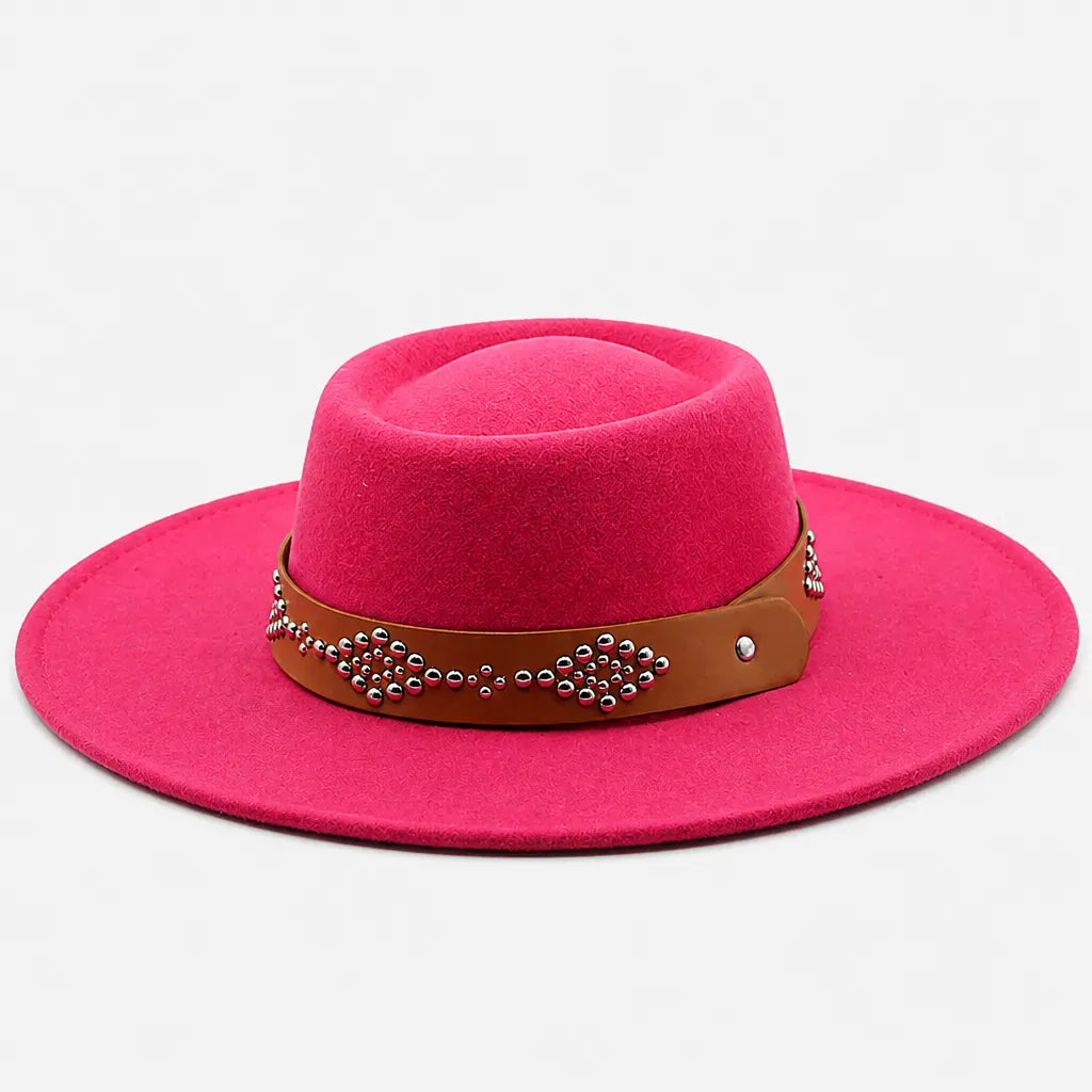 La boîte à chapeaux Chapeau Feutre Large Bord Femme - Ceinture Cloutee Style Gambler