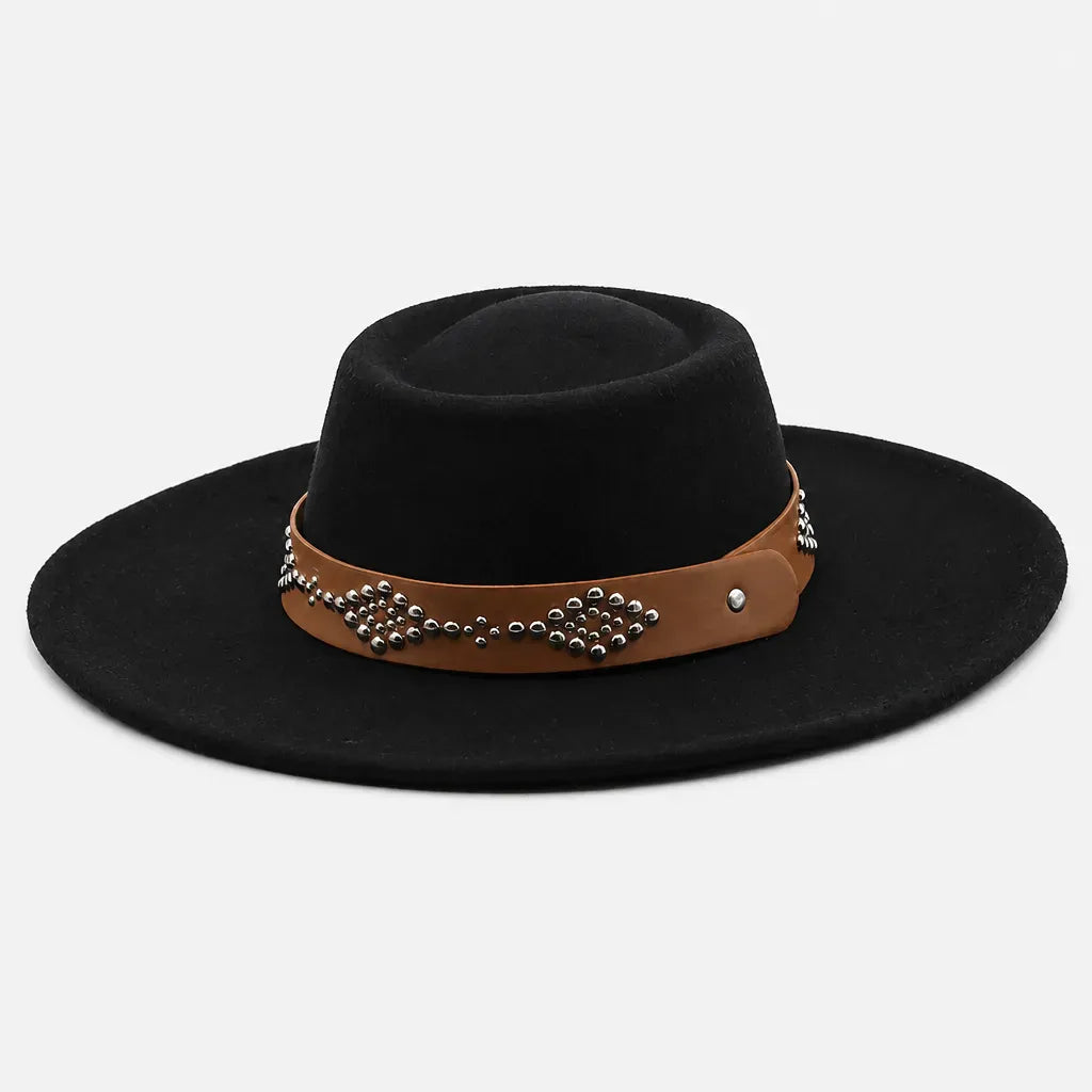 La boîte à chapeaux Chapeau Feutre Large Bord Femme - Ceinture Cloutee Style Gambler