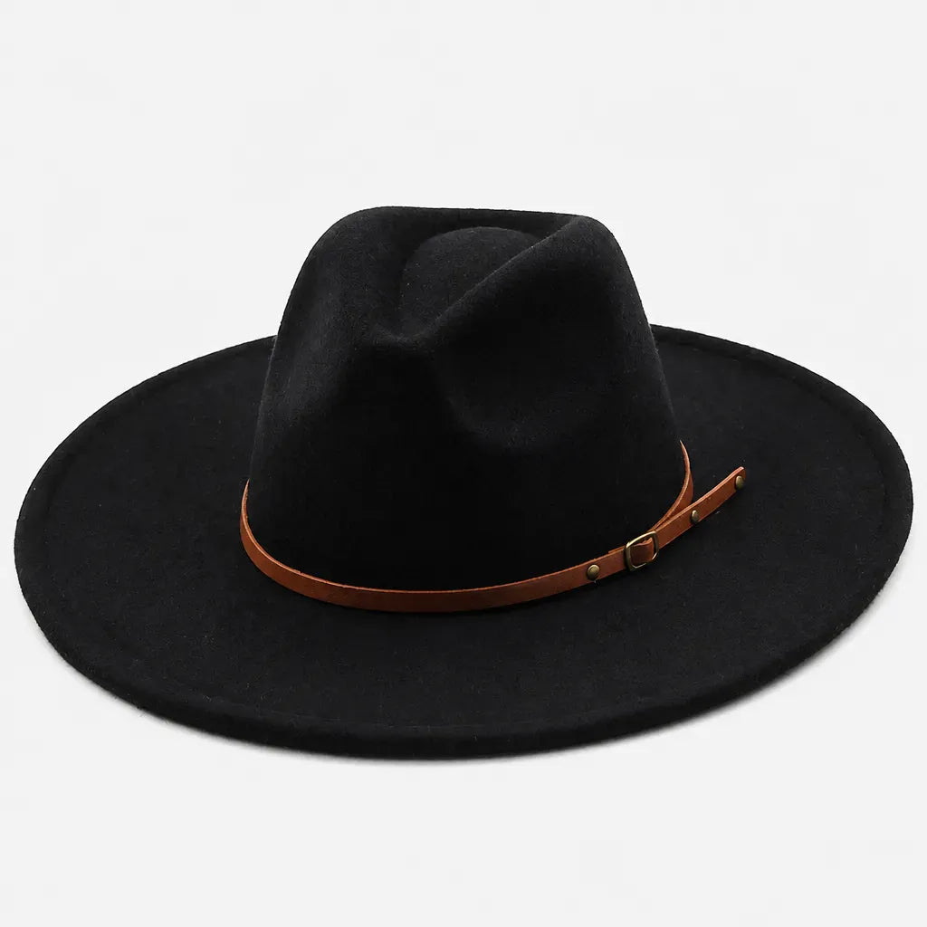 La boîte à chapeaux Chapeau Large Bord - Fedora Jazz a Ceinture en Cuir Marron
