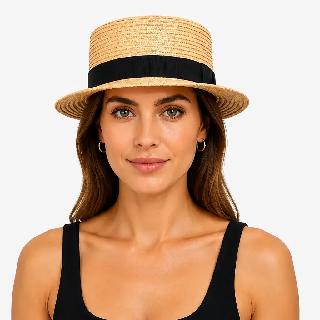 La boîte à chapeaux Chapeau Paille Blanc Femme - Boater Plat avec Ruban