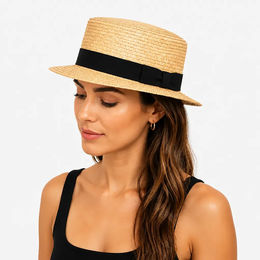 La boîte à chapeaux Chapeau Paille Blanc Femme - Boater Plat avec Ruban