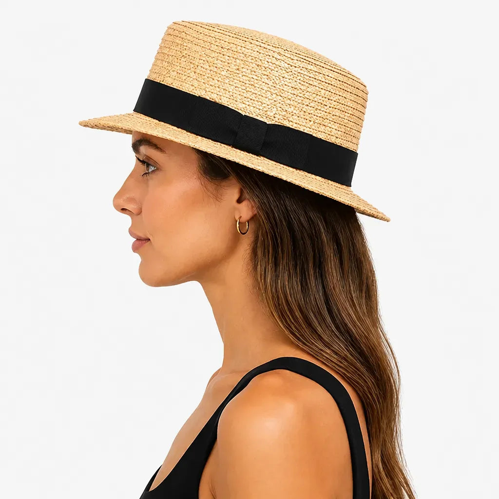La boîte à chapeaux Chapeau Paille Blanc Femme - Boater Plat avec Ruban