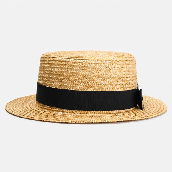 Chapeau Paille Blanc Femme - Boater Plat avec Ruban