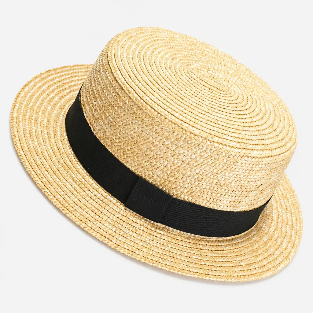 La boîte à chapeaux Chapeau Paille Blanc Femme - Boater Plat avec Ruban