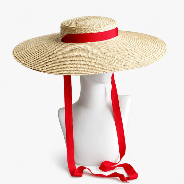 Chapeau Paille Femme Blanc - Boater Grand Bord avec Ruban