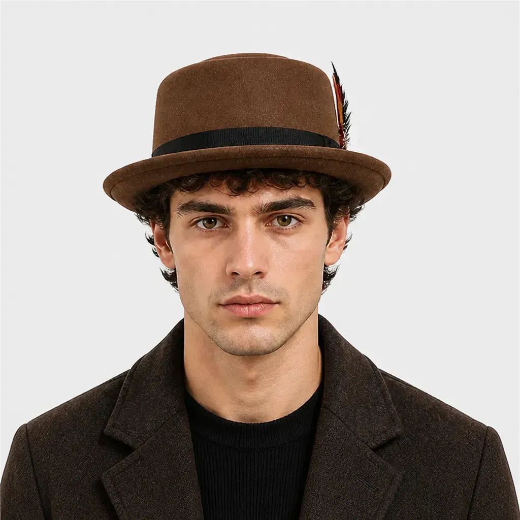 La boîte à chapeaux Chapeau Porkpie Homme - Marron avec Plume Gentleman