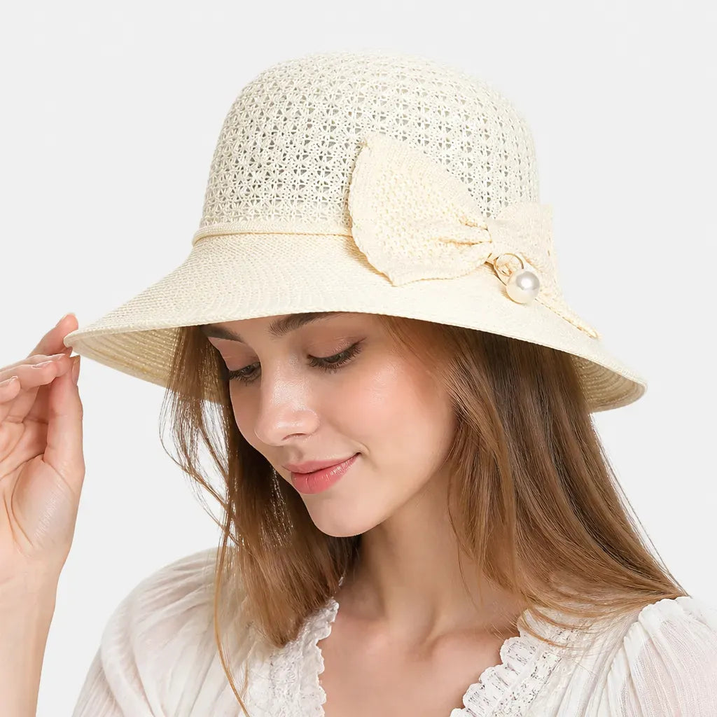 La boîte à chapeaux Chapeau Soleil Femme Pliable - Tissage Ajoure et Noeud a Perle