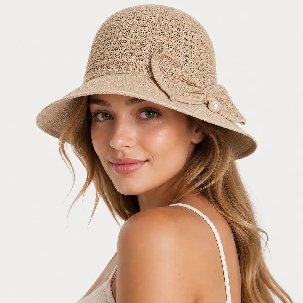La boîte à chapeaux Chapeau Soleil Femme Pliable - Tissage Ajoure et Noeud a Perle