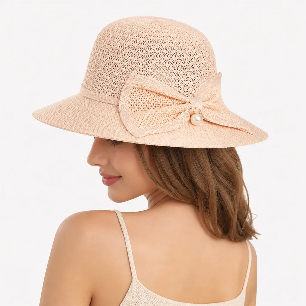 La boîte à chapeaux Chapeau Soleil Femme Pliable - Tissage Ajoure et Noeud a Perle