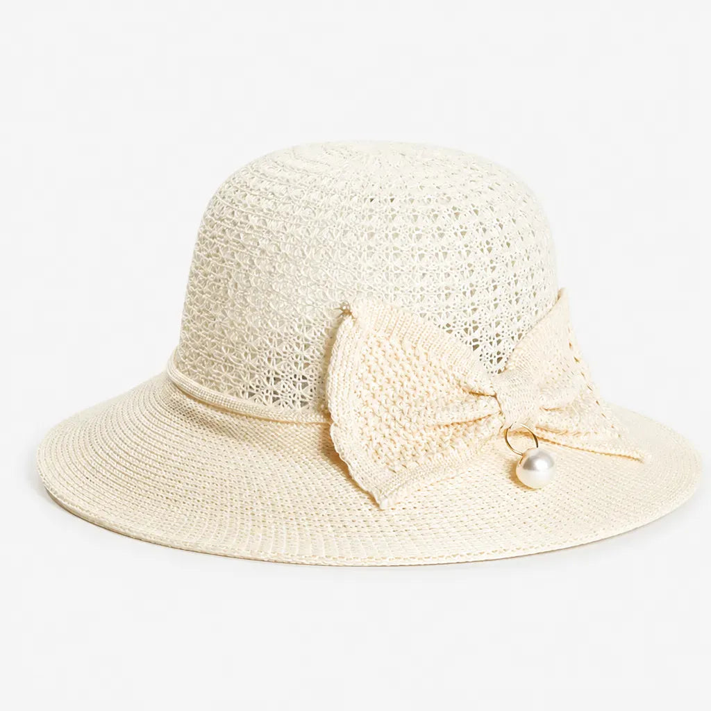 La boîte à chapeaux Chapeau Soleil Femme Pliable - Tissage Ajoure et Noeud a Perle