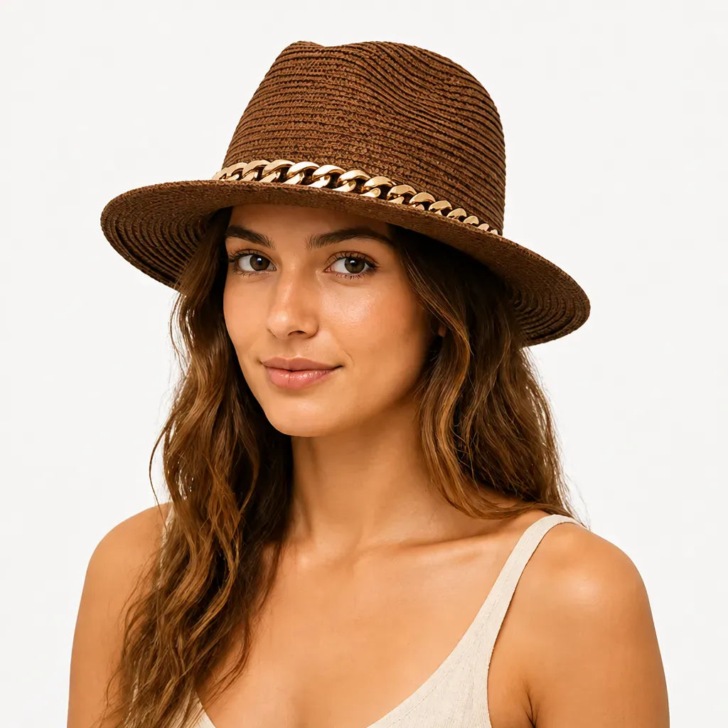La boîte à chapeaux Grand Chapeau de Plage Femme - Panama Chaine Doree Jazz