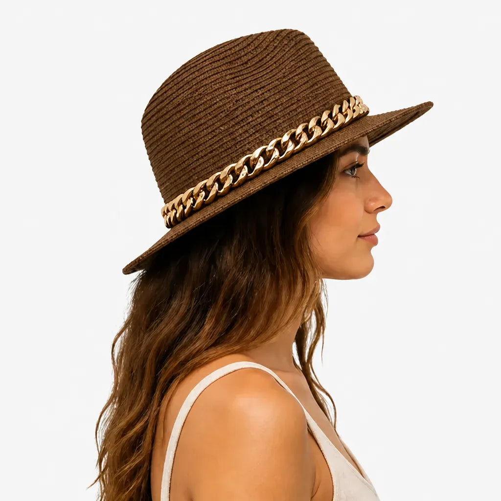 La boîte à chapeaux Grand Chapeau de Plage Femme - Panama Chaine Doree Jazz