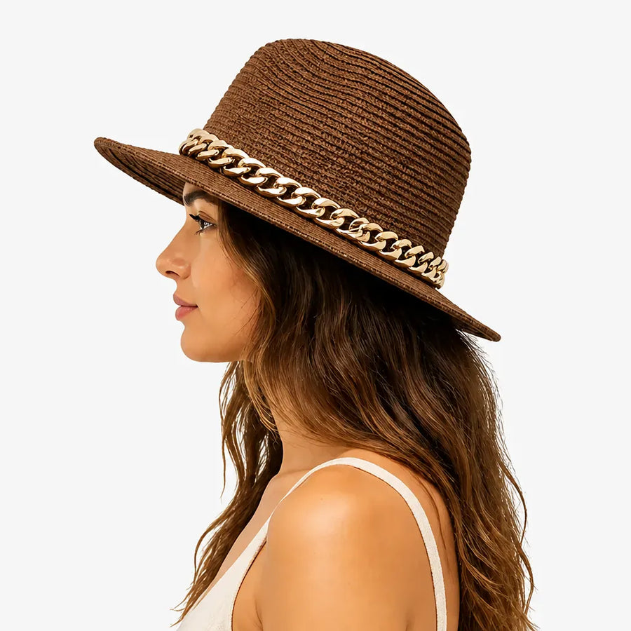 La boîte à chapeaux Grand Chapeau de Plage Femme - Panama Chaine Doree Jazz
